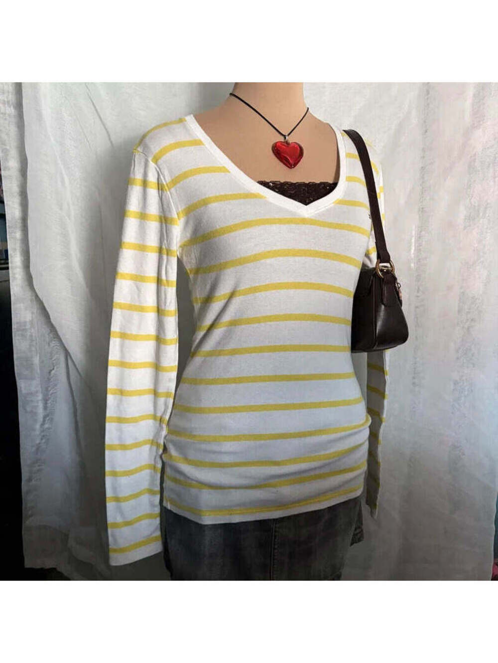 vintage y2k preppy striped tommy hilfiger fitted v-neck long sleeve top